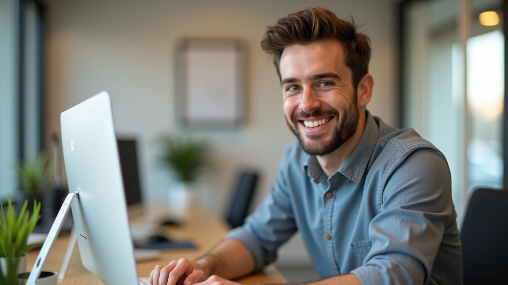 Designer sorrindo enquanto trabalha em projeto responsivo bem-sucedido na tela