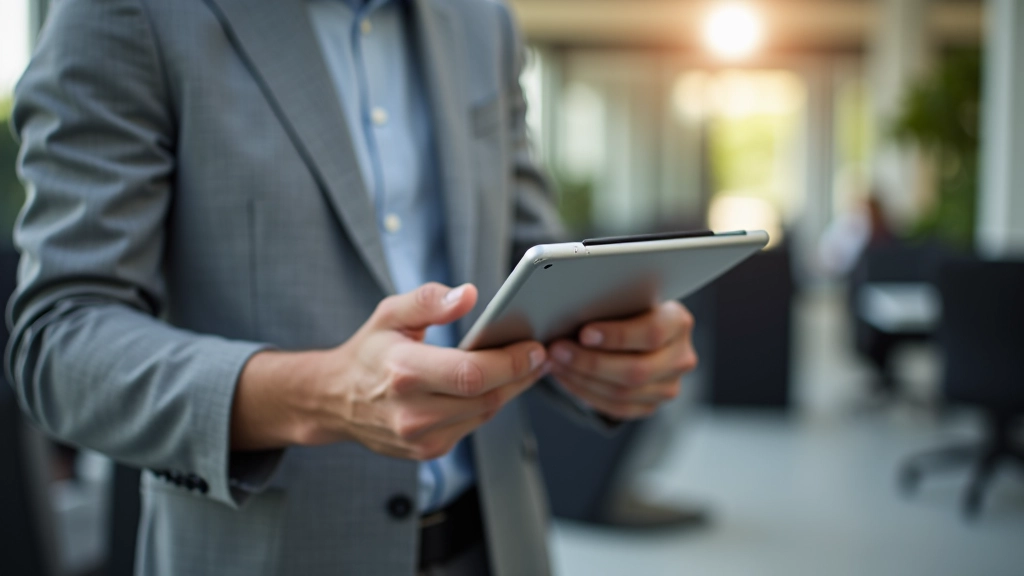 Pessoa utilizando um tablet em ambiente de trabalho, mostrando navegação adaptável e layout responsivo